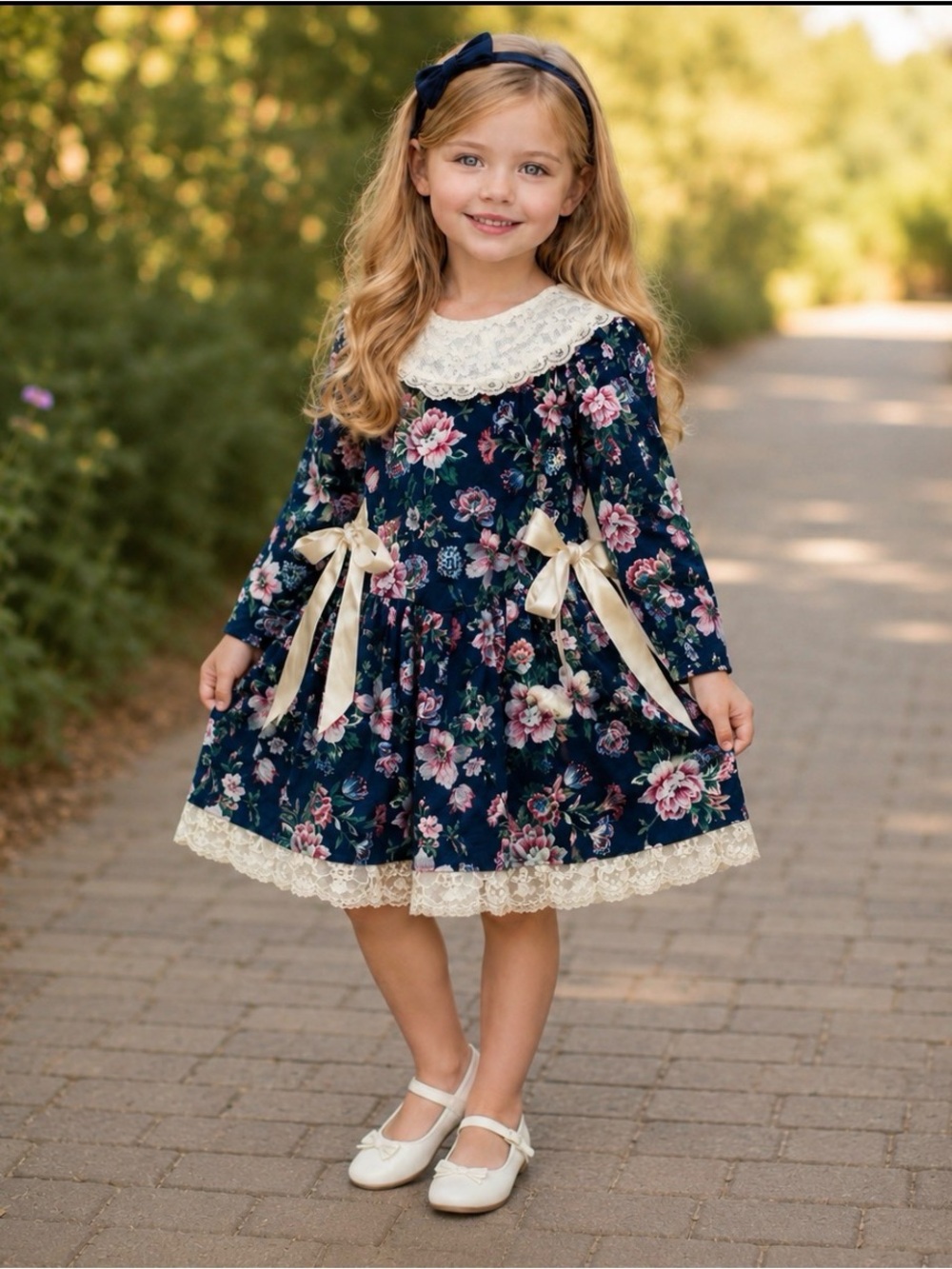 Prairie Dress Vintage Size 5 Years Long Sleeve Navy Floral Girls Dress